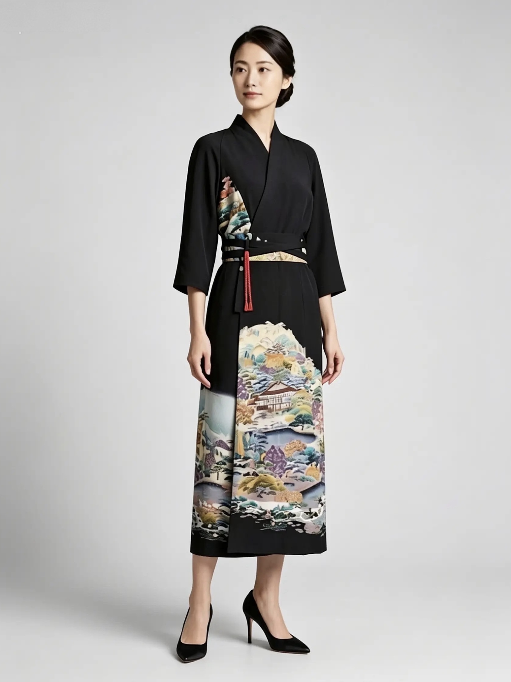 Kimono-style Raglan sleeve long wrap dress with scenic print and multi-type belts