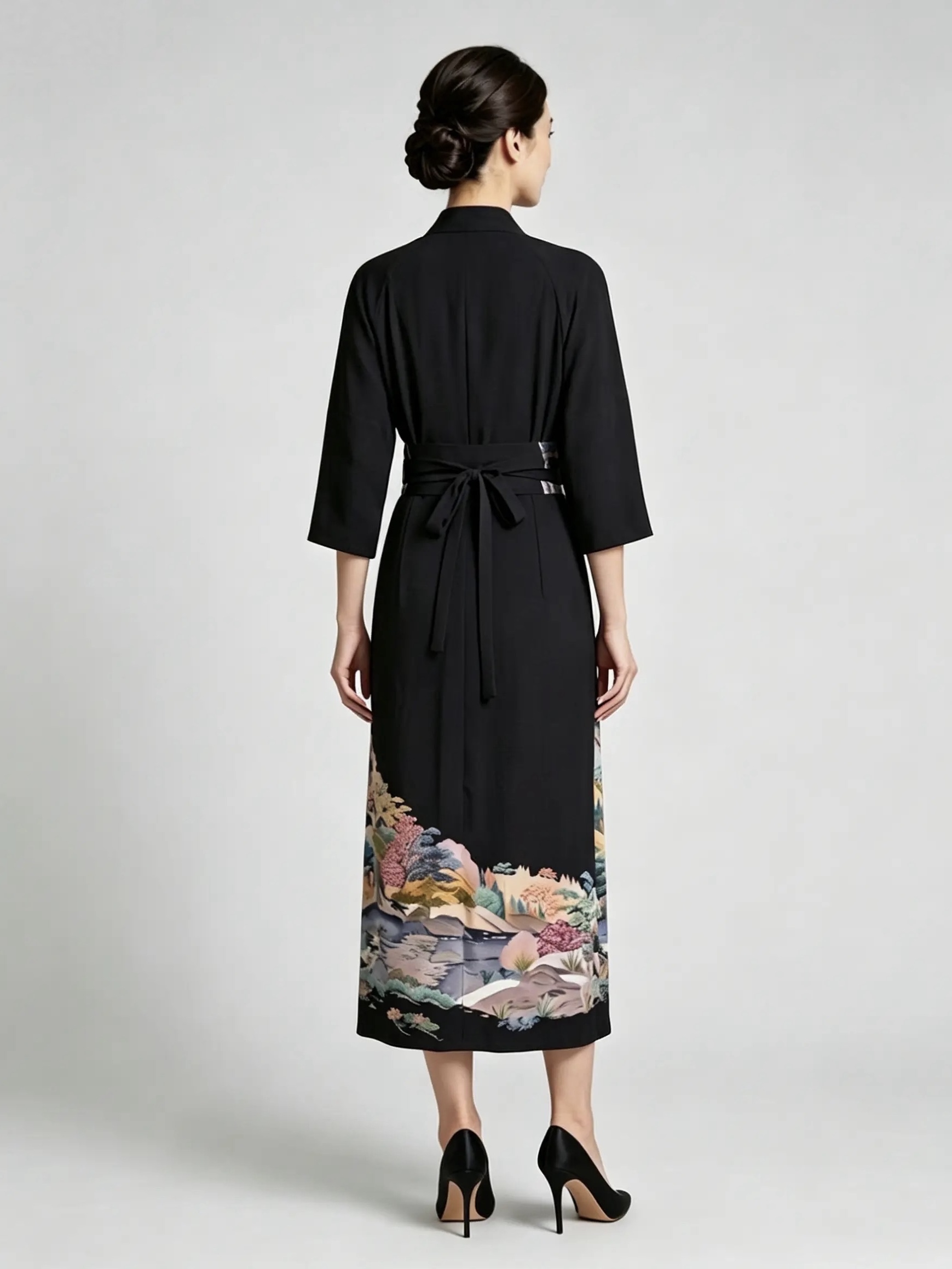 Kimono-style Raglan sleeve long wrap dress with scenic print and multi-type belts