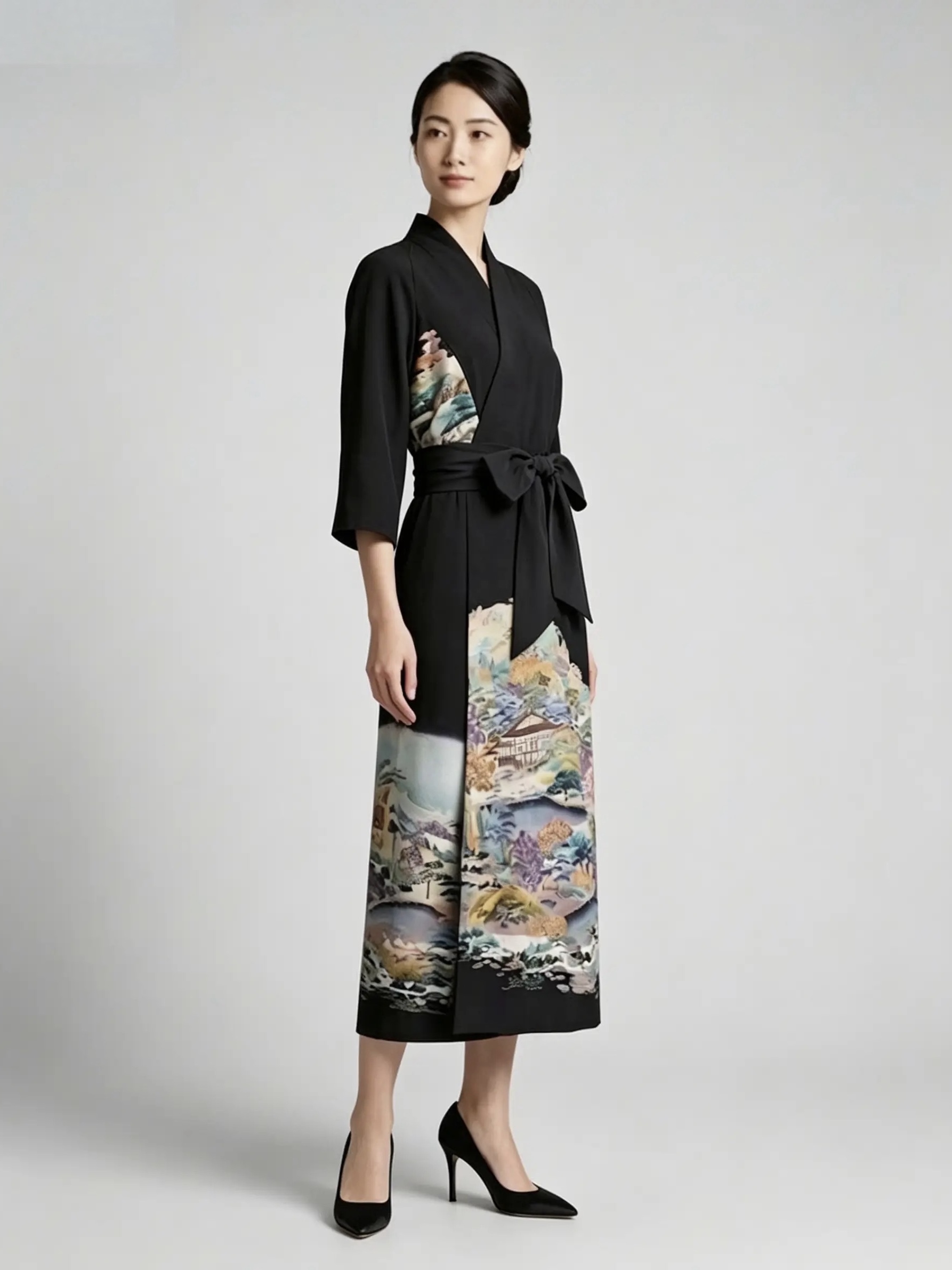 Kimono-style Raglan sleeve long wrap dress with scenic print and multi-type belts