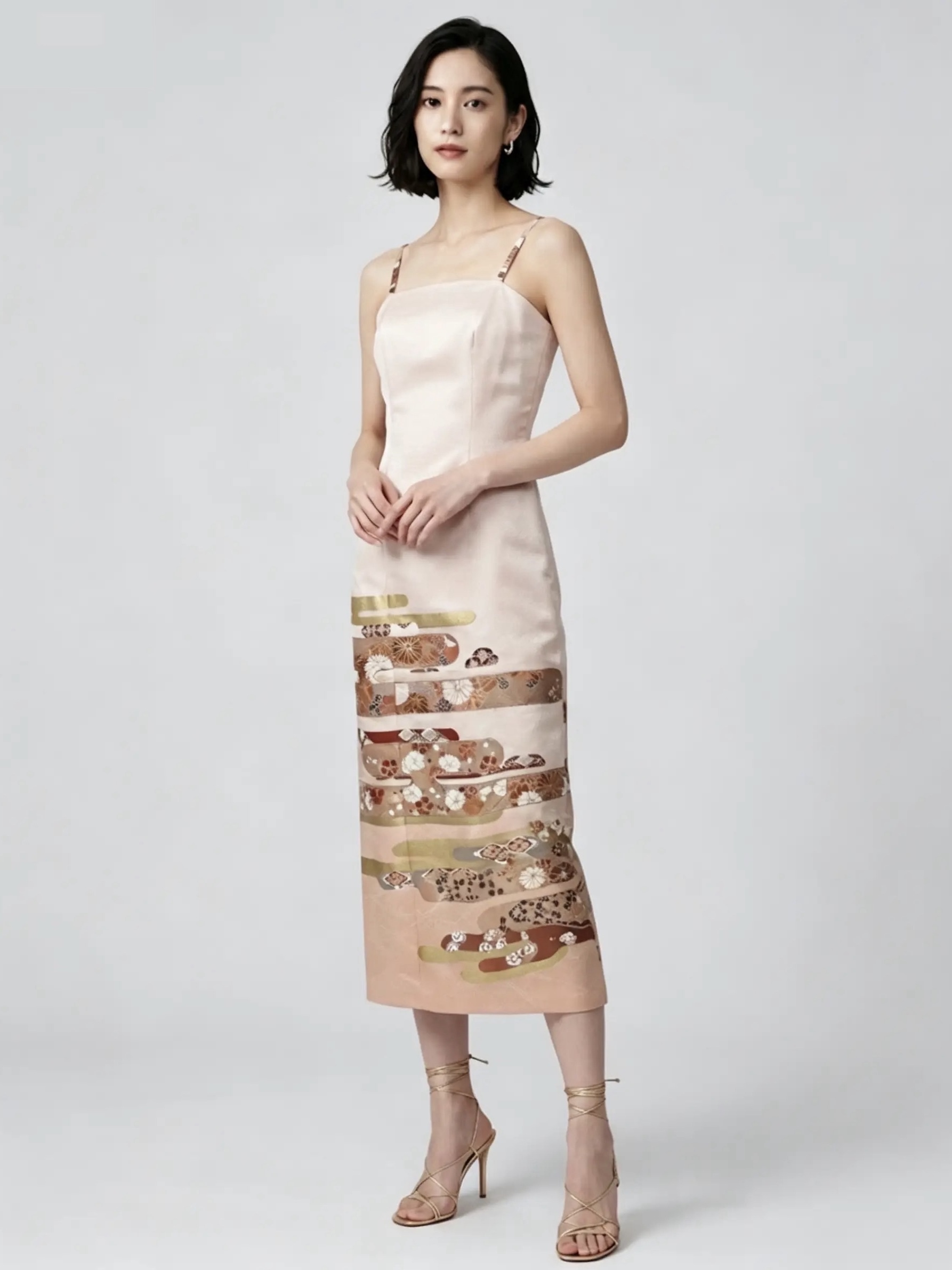 Multi-way midi dress with detachable straps (fabric & clear silicone) and removable stole