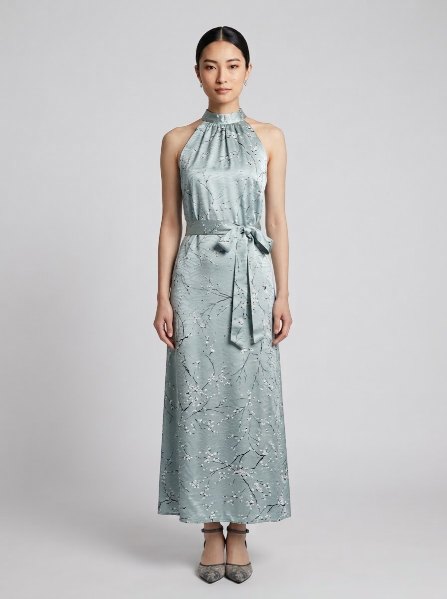 High-neck floral-print silk maxi dress with 2 interchangeable belts (ribbon & lace corset-style obi)
