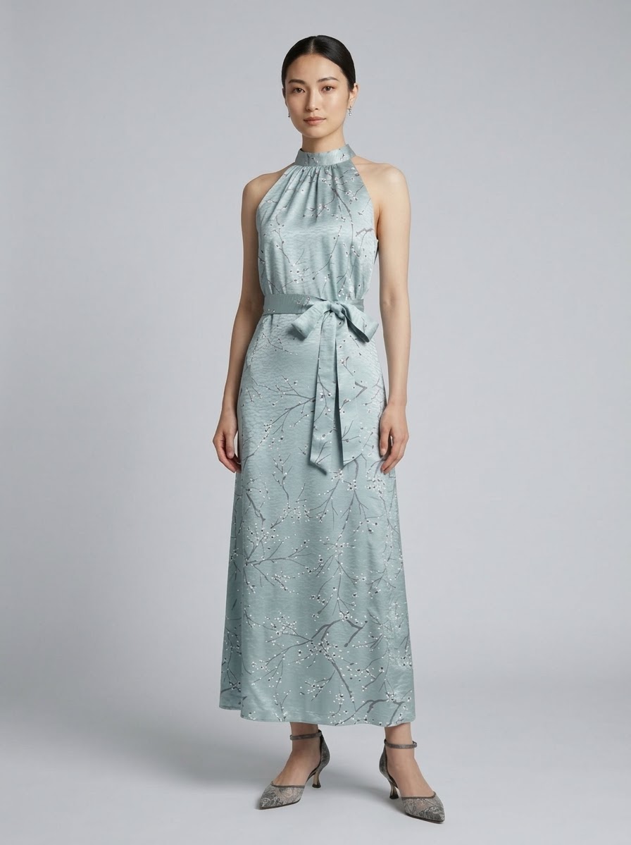 High-neck floral-print silk maxi dress with 2 interchangeable belts (ribbon & lace corset-style obi)