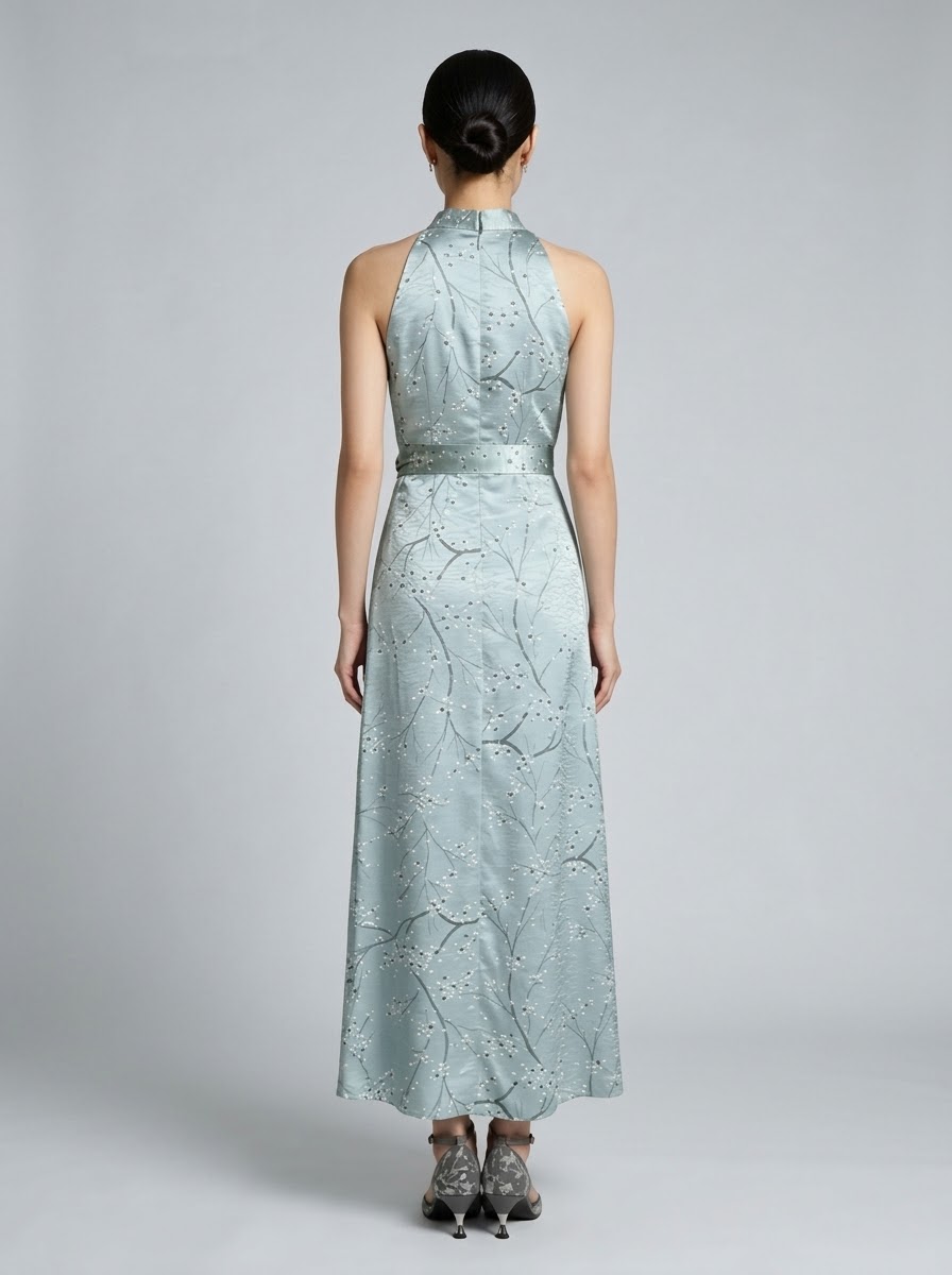 High-neck floral-print silk maxi dress with 2 interchangeable belts (ribbon & lace corset-style obi)