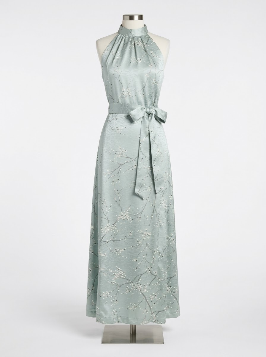High-neck floral-print silk maxi dress with 2 interchangeable belts (ribbon & lace corset-style obi)