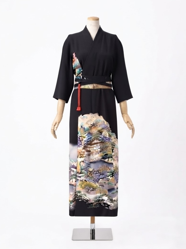 Kimono-style Raglan sleeve long wrap dress with scenic print and multi-type belts